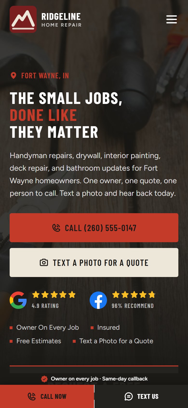The same contractor website on a phone